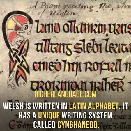 Welsh is written in Latin alphabet. It has a unique writing system called Cynghanedd.- Languages Similar To Irish