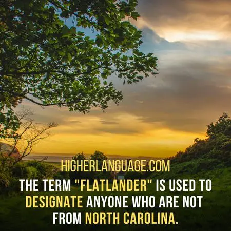 The term "flatlander" is used to designate anyone who are not  from North Carolina. - North Carolina Slang Words And Phrases.
