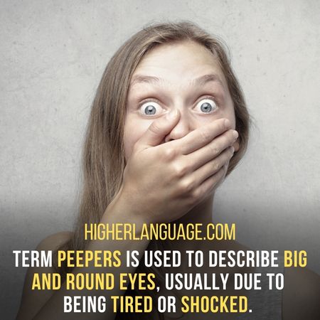 term peepers is used to describe big and round eyes, usually due to  being tired or shocked. - Indiana Slang Words And Phrases.