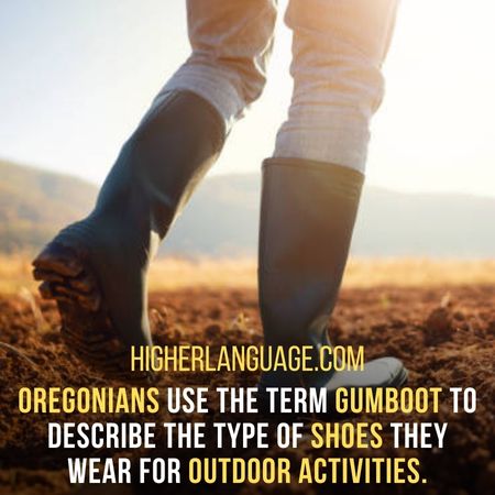 Oregonians use the term Gumboot to describe the type of shoes they wear for outdoor activities. - Oregon Slang Words And Phrases.