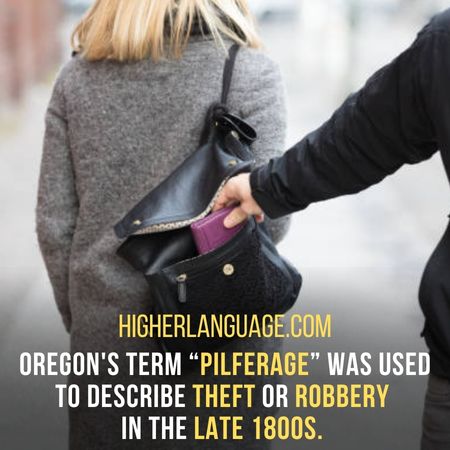 Oregon's term “pilferage” was used to describe theft or robbery in the late1800s. - Oregon Slang Words And Phrases.