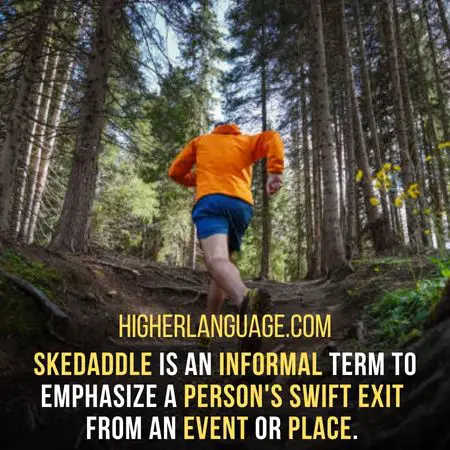 Skedaddle is an informal term to emphasize a person's swift exit  from an event or place. - Alabama Slang Words And Phrases.